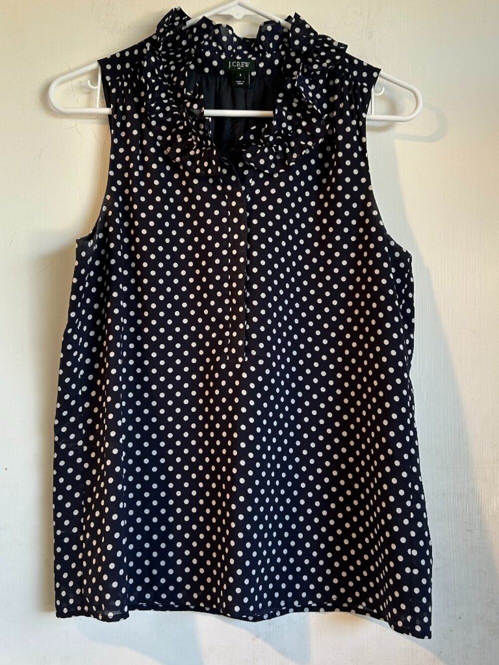 J Crew - Naomi Top - Navy and White Polka Dot Ruffle Neck